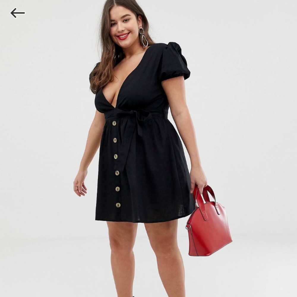 Black mini dress with puff sleeve and button front